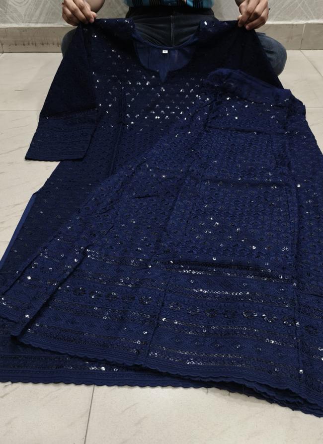 Cambric Cotton Blue Festival Wear Chikankari Phulkari Kurti With Palazzo